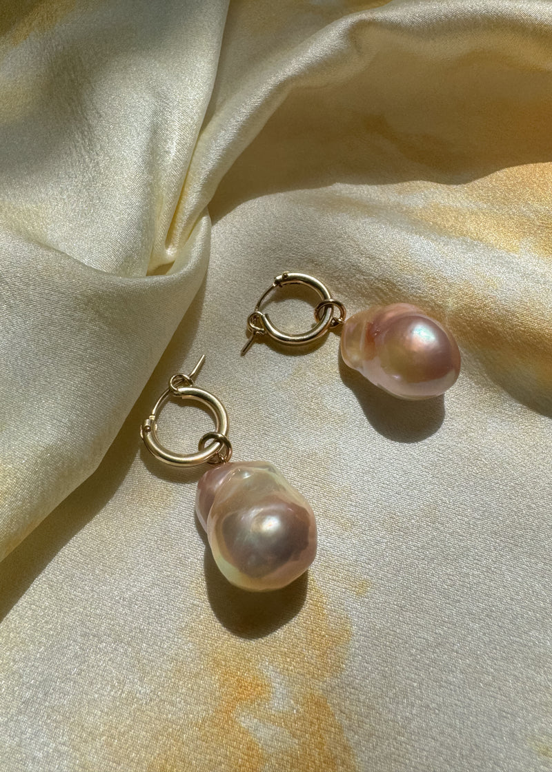 Fireball Freshwater Pearl Charm Earrings on Gold Filled Hoops