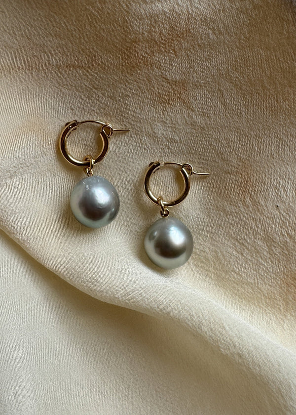 13mm Silver Drop Tahitian Pearl Charm Earrings Gold Filled