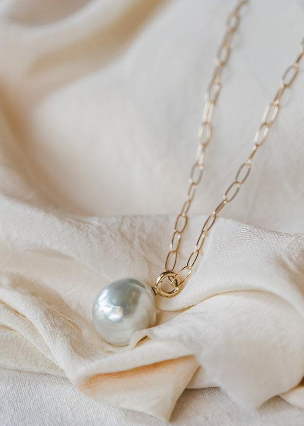 Baroque White South Sea Pearl on 14kt Paperclip Chain