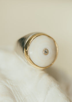 White Puka Shell Ring in Silver with 18k Gold Bezel